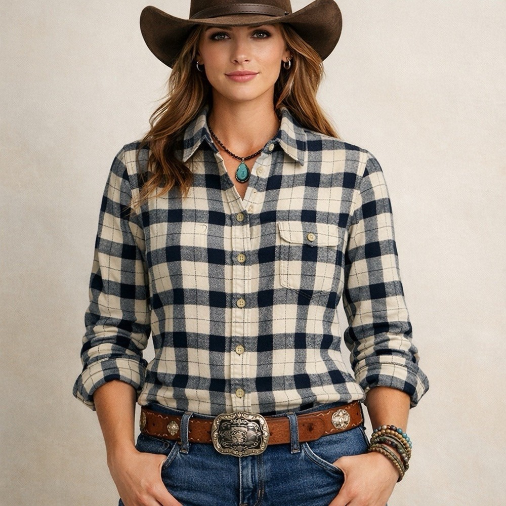 Filson Vintage Flannel Work Shirt Cotton Shacket Cream/Black Plaid Women's Small